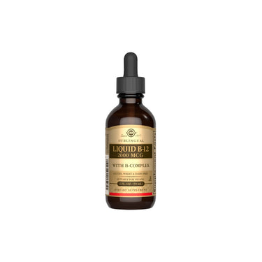 A bottle of Solgar Sublingual Liquid B-12 2000 mcg with B-Complex 59 ml on a white background.